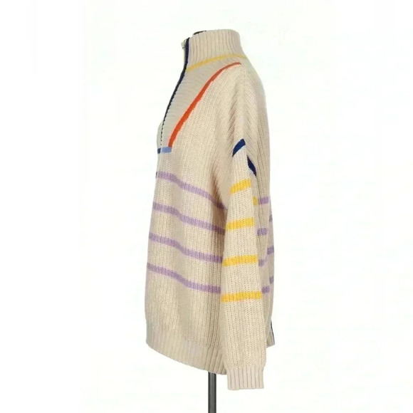 STAUD Hampton Striped Oversized Sweater S Top Turtleneck Shirt Cream Chunky Knit - Picture 8 of 8